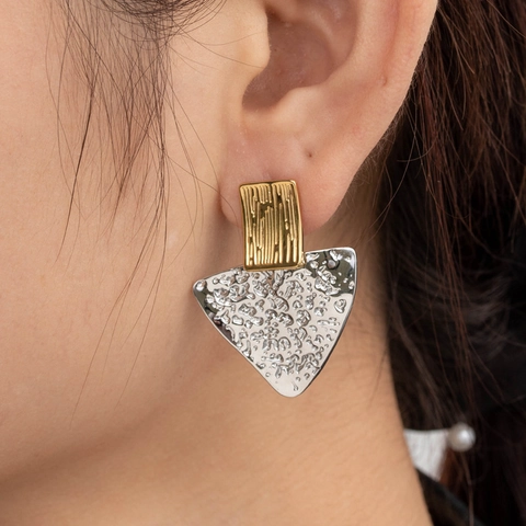 Orecchini Pendenti Geometrici Martellati Vintage Acciaio Inossidabile Bicolore Oro E Argento Fiore Texture Per Donne