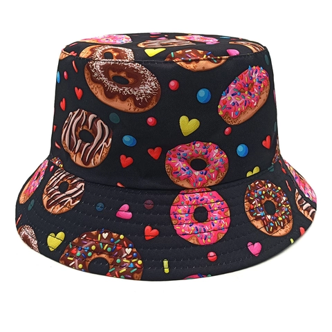 Omkeerbare Vissershoed Polyester Donut Hart Print Opvouwbaar Zonbescherming Zonnehoed Unisex