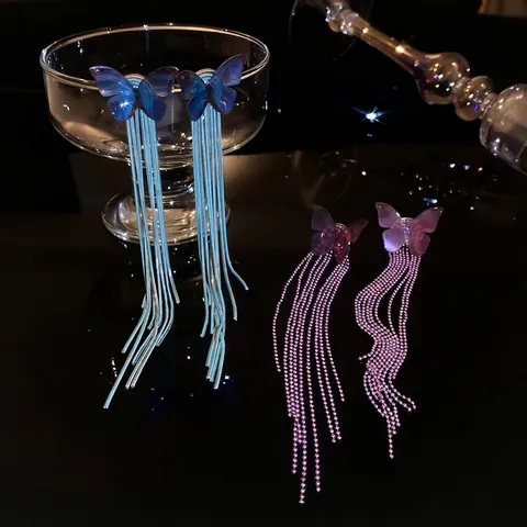 Butterfly Long Tassel Dangle Earrings Alloy Acrylic Elegant Gradient Jewelry Women With Silver Earring Post
