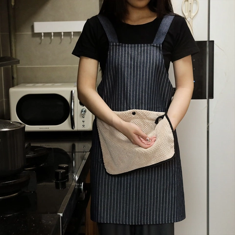 Striped Kitchen Apron Polyester Cotton Blend With Detachable Wipeable Towel Large Pocket Household Waterproof Professional