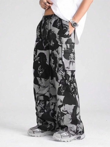 Men Cargo Pants Bamboo Fiber Satin Blend All Over Graffiti Portrait Print Loose Straight Leg Streetwear Hip Hop Trousers