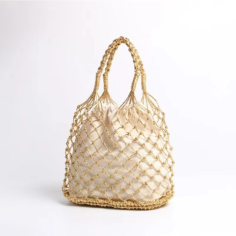 Gewebte Netztasche Für Damen Durchbrochene Stroh Schultertasche Mit Kordelzug Innenbeutel Urlaub Strand Eimer Tote