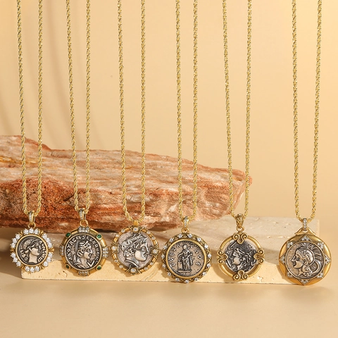 Collana Con Ciondolo Moneta Retrò Rame Zircone Oro Argento Bicolore Ritratto Rilievo Etnico Vintage Gioielli Di Nicchia Per Donne
