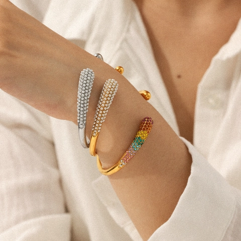 Offener Armreif Edelstahl 18K Vergoldet Regenbogen Zirkon Künstliche Perle Eleganter Schmuck Damen