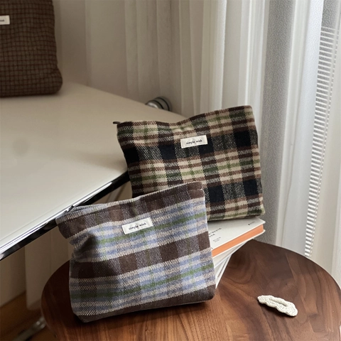 Vintage Geruite Wollen Cosmetische Tas Retro Make-up Tasje Met Rits Dames Reis Toiletartikelen Organisator Eenvoudige Clutch