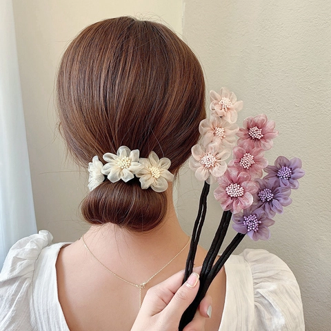 Eleganter Gaze Blumen Haardutt Macher Flexibles Stoff Haargummi Mit Perlen Akzenten Für Damen Koreanischer Stil Styling Tools