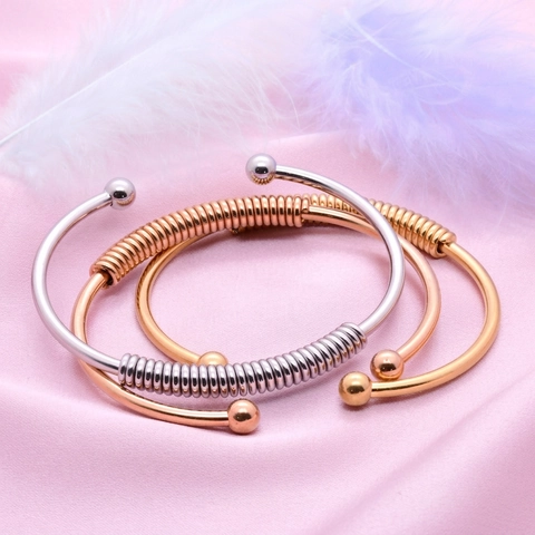 Bracciale Rigido Aperto In Acciaio Inossidabile Design A Molla Polsino Regolabile Minimalista Con Estremità A Sfera Per Donna