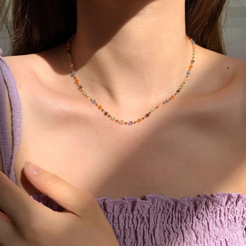 Bohemian Colorful Crystal Cube Bead Copper Necklace For Women Fashion Gold Color Chain Clavicle Necklace Jewelry Gift
