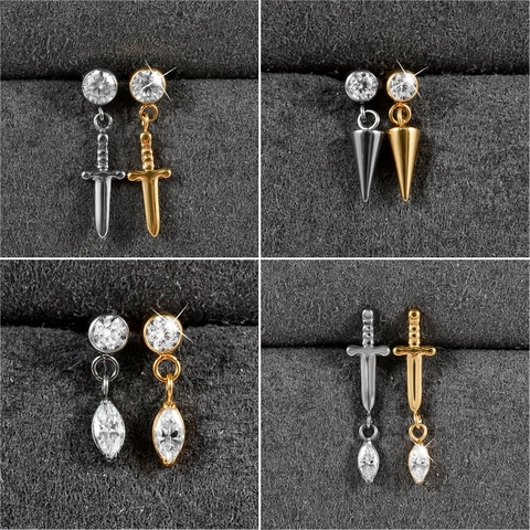 G23 Titanium Interne Schroefdraad Labret Stud Zwaard Dolk Kegel Hanger Marquise Zirkonia Kraakbeen Piercing Sieraden