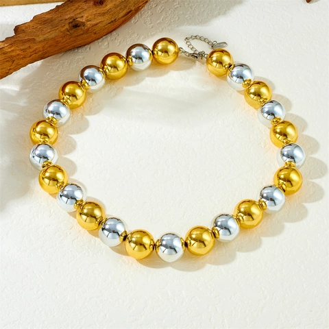 Collana E Bracciale In Acciaio Inossidabile Bicolore Oro Argento Grandi Perle Tonde Moda Punk Per Donne