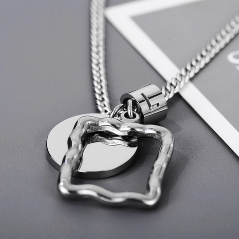 Men Pendant Necklace Stainless Steel Geometric Square Round Detachable Minimalist Streetwear Jewelry Silver