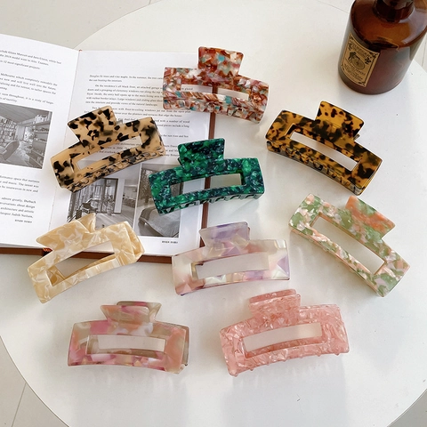 Large Square Hair Claw Clip Acetate Cellulose Hollow Out Rectangle Marble Tortoiseshell Pattern Retro French Ponytail Accessory