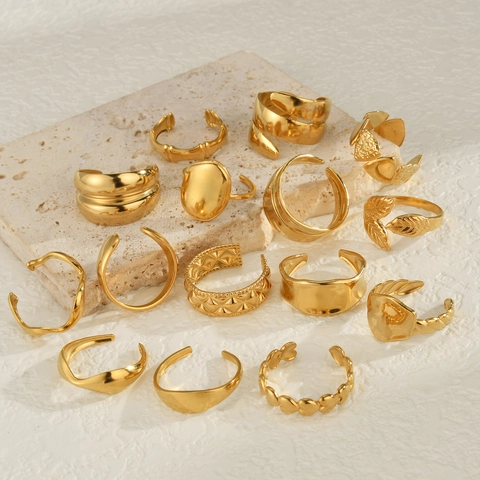 Minimalistischer Vergoldeter Edelstahl Ring Für Damen Verstellbar Geometrisch Herz Blatt Welle Bambus Design Handschmuck