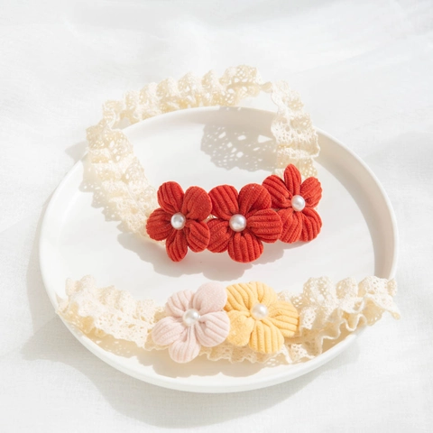 Fascia Capelli Neonata Fiori Velluto A Coste Pizzo Elastica Künstliche Perle Accessori Fotografia Neonato Fatto A Mano Dolce