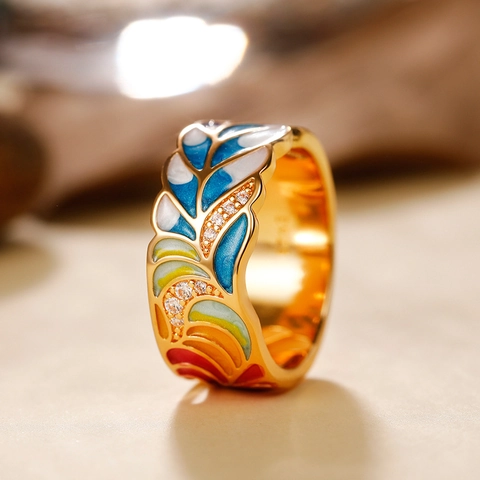 Breiter Kupferring Bunte Emaille Federmuster Zirkon Inlay Boho Stil Für Damen