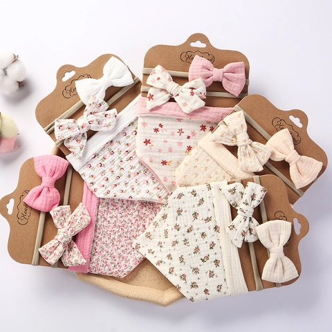 Blumendruck Baumwolle Baby Dreieck Lätzchen Und Schleife Stirnbänder Für Neugeborene Säuglinge Kleinkinder Mädchen Weiche Saugfähige Sabber Lätzchen Kopfschmuck Zubehör