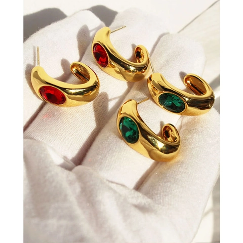Vintage Brass Gold Plated C Shaped Hoop Earrings With Emerald Red Zirconia Retro Luxury Jewelry 925 Sterling Silver Post