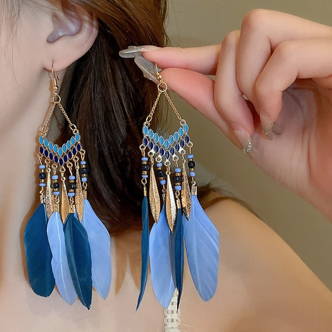 Bohemian Feather Tassel Dangle Drop Earrings With Alloy Seed Beads And Steel Earring Post Ethnic Vintage Style Jewelry