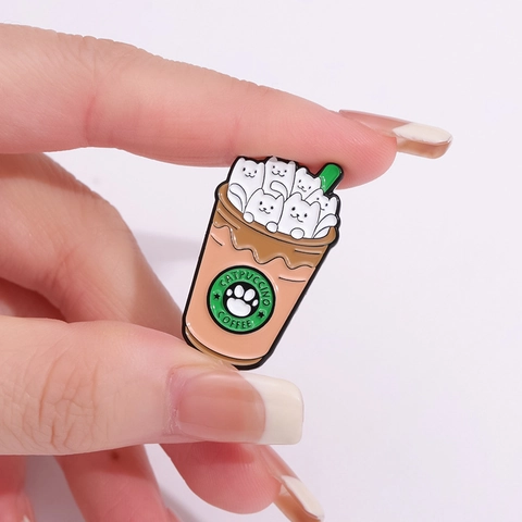 Cartoon Katze Kaffee Emaille Pin Abzeichen Zinklegierung Catpuccino Reversnadel Dekorative Brosche Für Kleidung Taschen Unisex Schmuck Geschenk