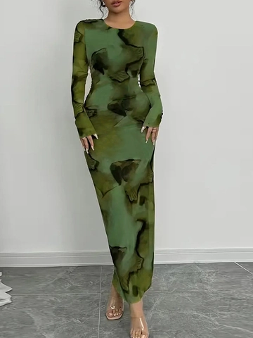Women Abstract Print Long Sleeve Maxi Dress Round Neck Slim Fit Polyester Spandex Ankle Length Elegant Stretch