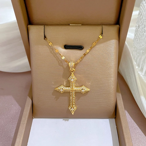 Collar Con Colgante De Cruz De Acero Inoxidable Chapado En Oro De 18K Con Circonita Cúbica Joyería Gótica Para Hombre Mujer