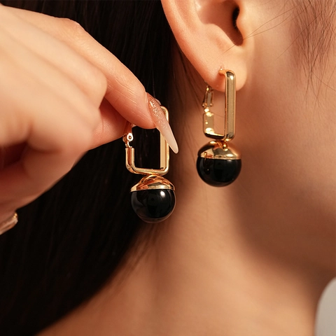 Retro Geometric Drop Earrings Iron Frame Black Resin Bead Silver Earring Post For Women Vintage Dark Style