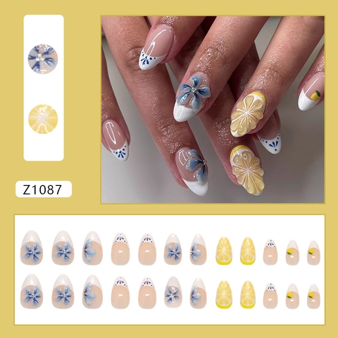 French Press On Nails ABS Plastic 3D Mint Blue Ice Flower Lemon Relief Artificial Pearl Decor Almond Shape Elegant Manicure For Women