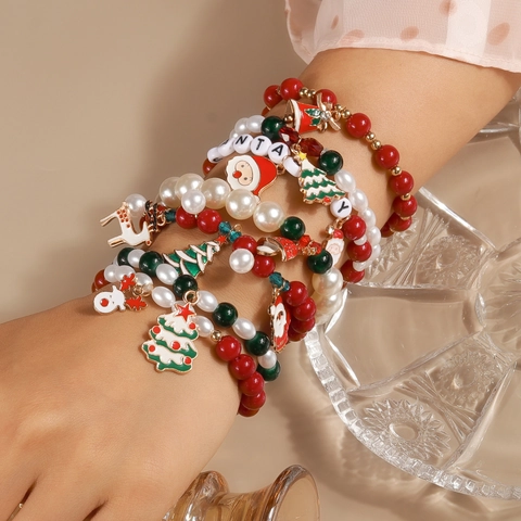 Christmas Beaded Bracelet Alloy Santa Tree Elk Charms Elastic Faux Artificial Pearl Acrylic Jewelry Holiday Accessory Men Women