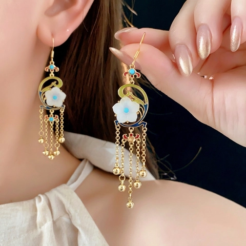 Vintage Gold Plated Enamel Flower Tassel Earrings With 925 Sterling Silver Earring Post Retro Elegant Style For Women