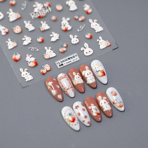 Autocollants Nail Art En Relief Auto Adhésif Mince Dessin Animé Lapin Fraise Style Japonais Décoration De Manucure DIY Pour Femmes
