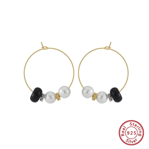 Pendientes De Aro Con Poste De Plata 925 Obsidiana Negra Perla Artificial De Concha Blanca Retro Elegante Joyería Para Mujer