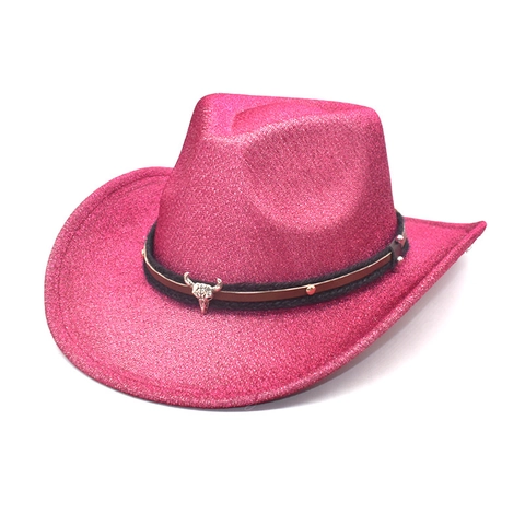 Chapeau De Cowboy Occidental Paillettes Ceinture Cuir Cloutée Décor Crâne Tête De Taureau Bord Large Fedora Style Ethnique