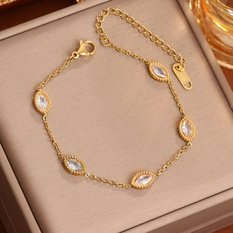 Pulsera de Acero Inoxidable Con Zirconia Marquesa para Mujer Chapado en Oro 18K Cadena Ajustable Joyería Elegante