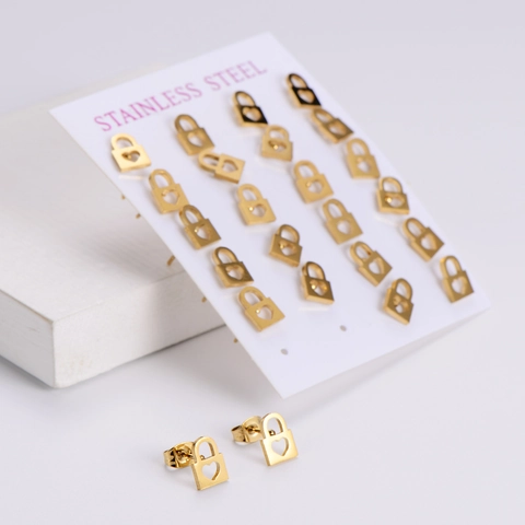 Heart Hollow Padlock Stud Earrings 18K Gold Plated 316L Stainless Steel Minimalist Jewelry For Women