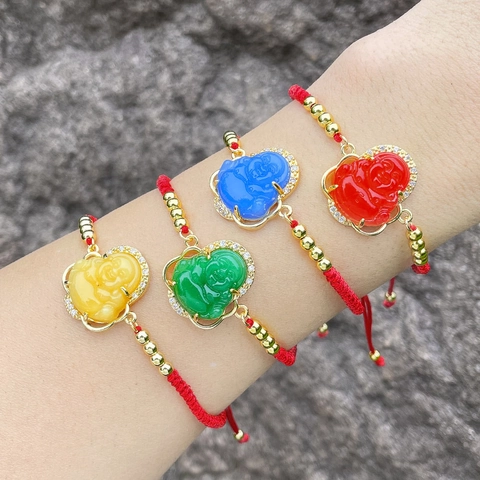 Bracciale Pendente Buddha Ridente Rame Micro Pave Zirconia Corda Intrecciata Rossa Stile Etnico Cinese Regolabile Donne