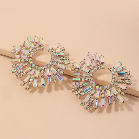 Exaggerated Iridescent Rhinestone Sunflower Stud Earrings With 925 Sterling Silver Earring Post Alloy Sunburst Party