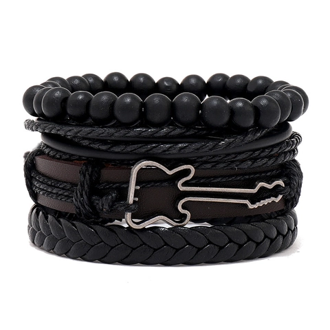 Multi-Layer Lederarmband Mit Gitarren-Anhänger Legierung Perlen Punk Rock Retro Geflochtenes Armband Für Herren Damen Mode