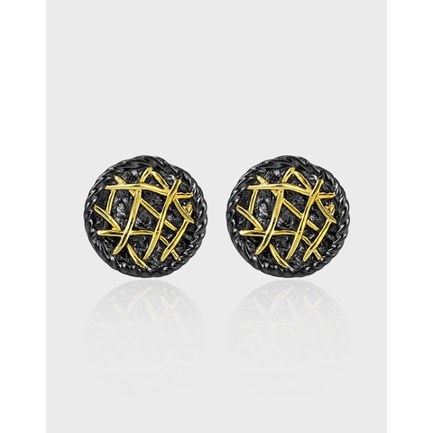 Orecchini a Bottone Tondi in Argento Sterling 925 Vintage per Donna Bicolore Placcato Oro 18K Griglia Irregolare Gioielli Punk Geometrici