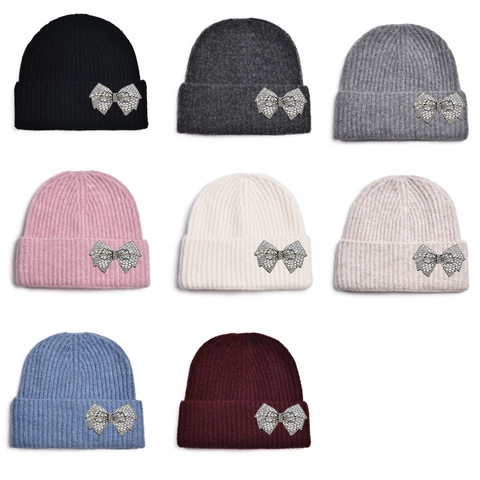 Beanie Hat Women Acrylic Warm Winter Rhinestone Bow Folded Edge Ribbed Knit Soft Stretchy Casual Outdoor