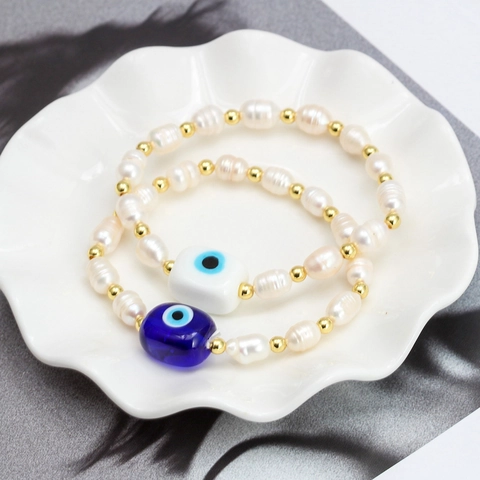 Evil Eye Bracelet With Freshwater Pearls And Gold Beads Colorful Square Glass Lucky Charm For Women