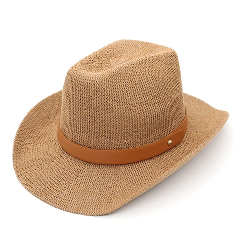 Woven Western Cowboy Hat With Faux Leather Band And Metal Rivet Foldable Sun Protection Unisex Fedora Style