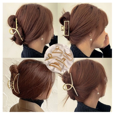 Metal Hair Claw Clip Large Alloy Shark Clip French Retro Matte Gold Geometric Mermaid Tail Moon Artificial Pearl Decor For Women