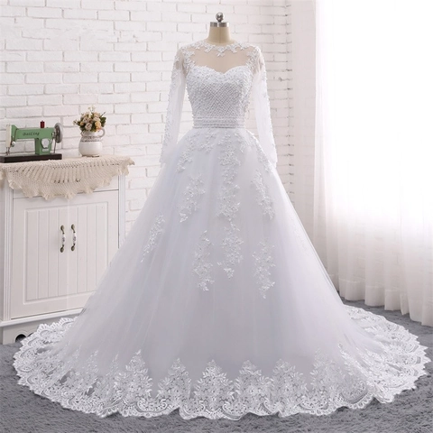 Elegant Long Sleeve Lace Wedding Dress Cathedral Train Beaded Mesh Bridal Gown White Ball Gown Ceremony