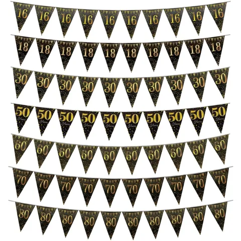 Bandierine Compleanno Nero Oro Ghirlanda Festa Anniversario Decorazione Appendere Carta Triangolare