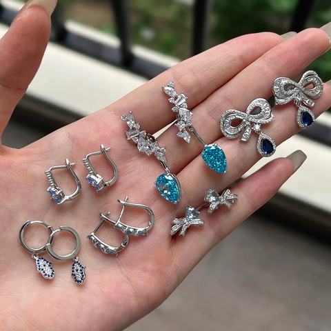 925 Sterling Silver Stud Earrings For Women Blue Zirconia Heart Bowknot Hamsa Hand Geometric Drop Elegant Jewelry Gift Accessory