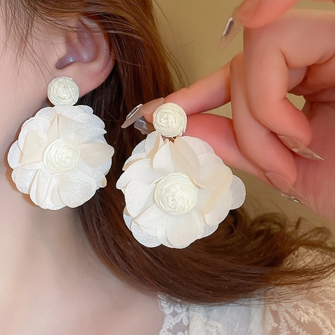 Blumen Ohrstecker Große 3D Stoff Netz Rose 925 Sterling Silber Ohrstecker Urlaub Romantisch Schick Schmuck Damen