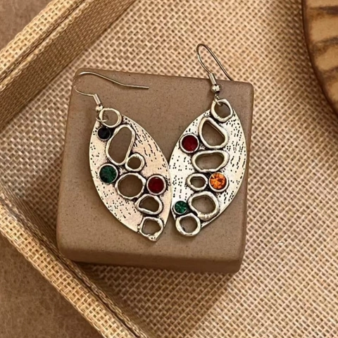 Boucles D'oreilles Pendantes Feuilles Ovales Creuses Rétro Alliage Argent Antique Strass Colorés Style Ethnique Bohème