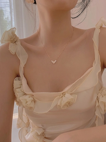 925 Sterling Silver V Shaped Artificial Pearl Pendant Necklace For Women Elegant Rhinestone Inlaid Clavicle Chain Jewelry