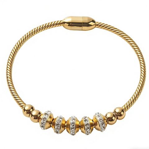 Pulsera de Acero Inoxidable con Cuentas y Diamantes de Imitación Estilo Francés para Mujer Cierre Magnético Dorado de Lujo