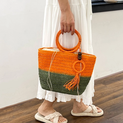 Borsa A Mano In Paglia Intrecciata Borsa Tote Grande Capacità Con Nappa Perline Di Legno Fodera Con Coulisse Per Vacanze Mare Estate Donna